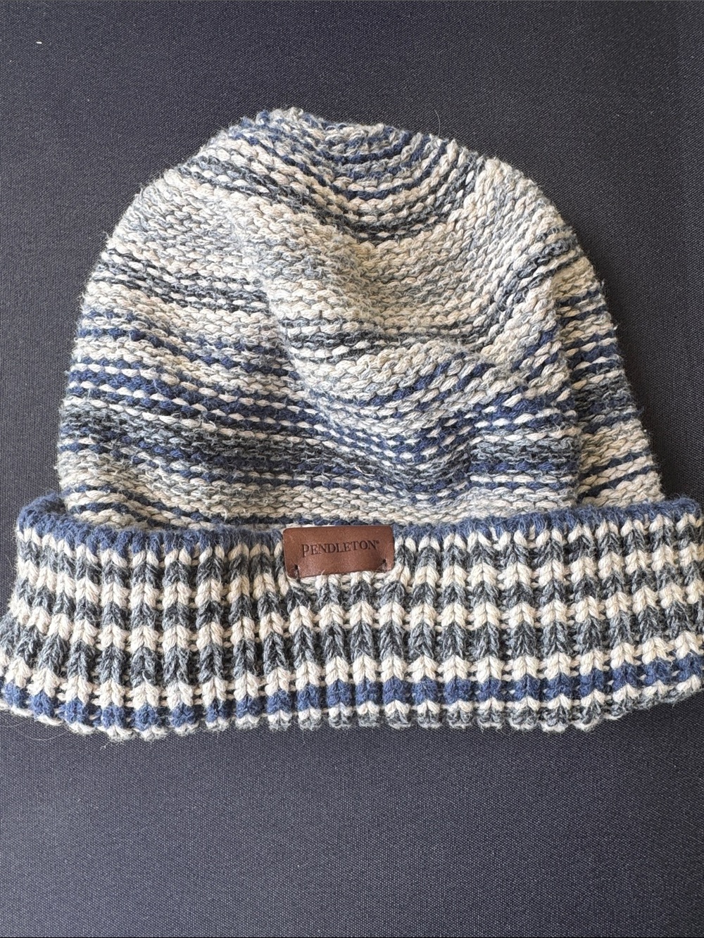 Pendleton Men's Blue, Gray and Cream Striped Knit Cuff Beanie